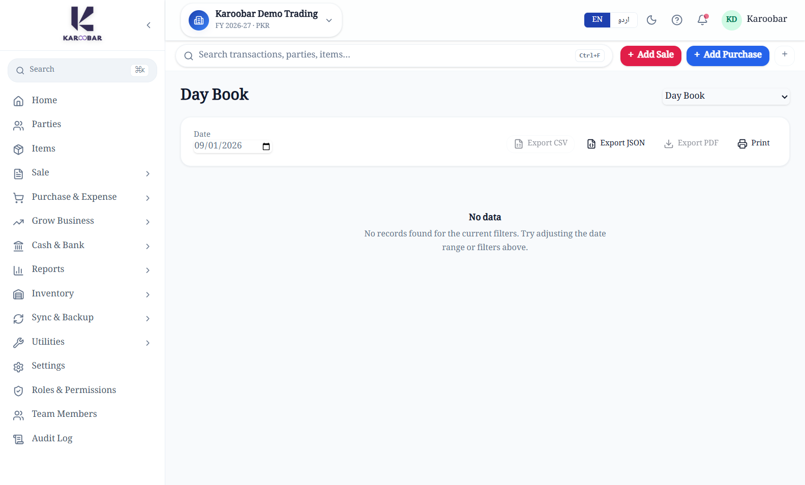 Karoobar reports workspace showing a populated day book