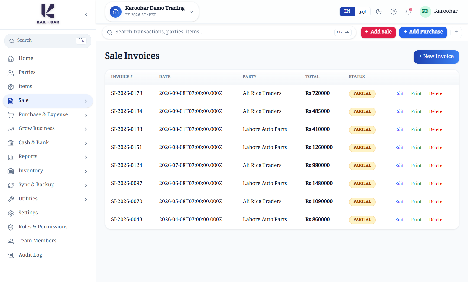 Karoobar sales workspace populated with realistic demo business data